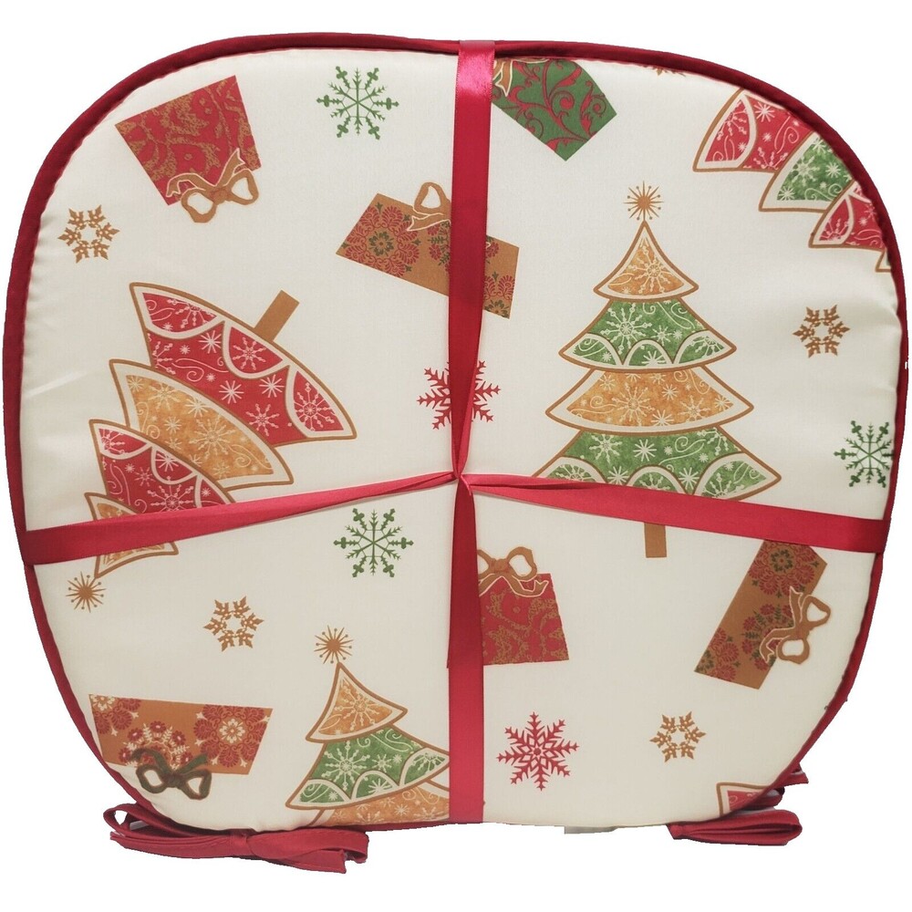 SET OF 4 KITCHEN CHAIR PADS CUSHIONS w/ties, 15"x15", CHRISTMAS TREES & GIFTS,BH
